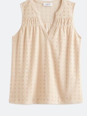 Gilli Sleeveless Eyelet Split Neck Top - Cream. Sz S